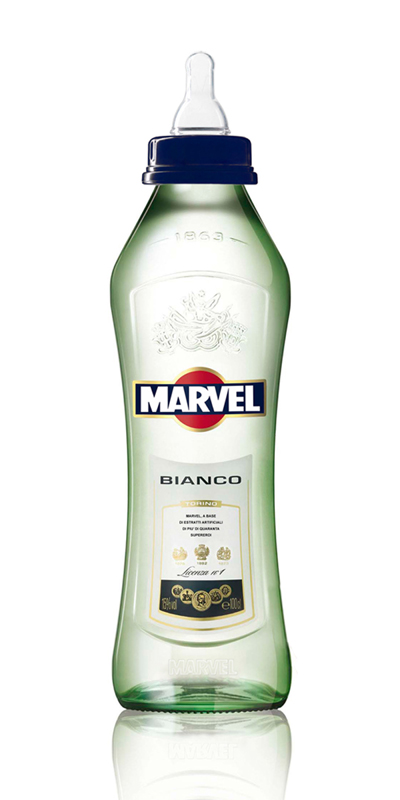 PopBottles — Martini Marvel, a Martini bottle transformed into a Marvel baby bottle — Anna Utopia Giordano